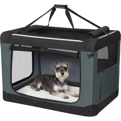 Trasportino Pieghevole per Cani, Trasportino da Viaggio Portatile e Traspirante a 3 Porte con Rifiniture Riflettenti e Tasca Laterale, Uso Interno ed Esterno, Grigio