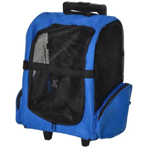 TRASPORTINO ZAINO 2 IN 1 PER CANI E GATTI CON TASCHE E MANIGLIA TELESCOPICA. 42X25X55CM. BLU