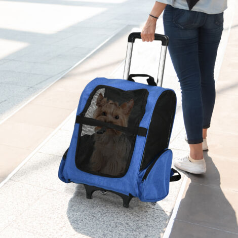 Trasportino Zaino 2 in 1 per Cani e Gatti con Tasche Laterali, Maniglia Telescopica e Ruote, 42x25x55cm, Blu