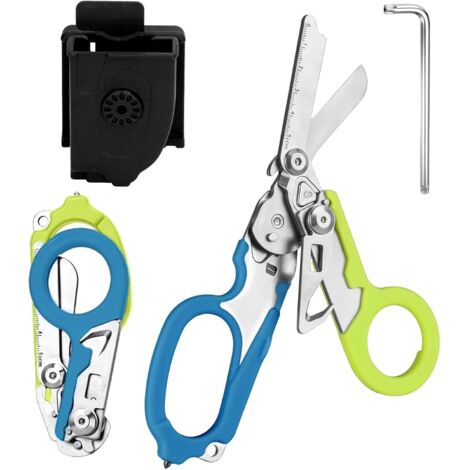 Trauma 6-in-1 Faltbare Rettungsschere, Notfall-Traumaschere, Verbandschere mit K-Schale, Schraubenschlüssel für professionelle Rettungsdienste, Outdoor-Camping (Blau und Grün)