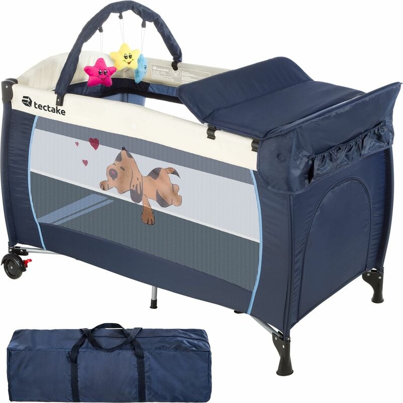 Travel cot Dog 132x75x104cm with changing mat, play bar & carry bag - cot bed, baby travel cot, pop up travel cot - blue - blue