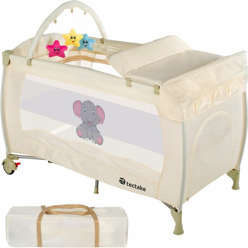 Travel cot Elephant 132x75x104cm with changing mat, play bar & carry bag - cot bed, baby travel cot, pop up travel cot - beige - beige
