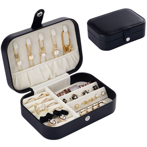 Travel Jewelry Box, Portable Jewelry Box with Mirror, Jewelry Box for Necklaces, Bracelets, Rings, Earrings, Black