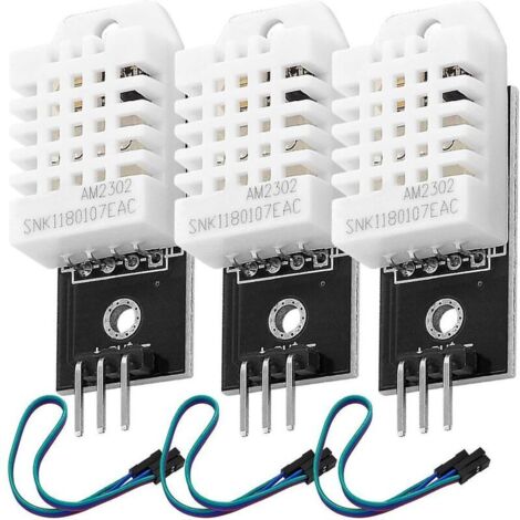 Tre sensori di temperatura e umidità DHT22, con cavi di collegamento, per Arduino.