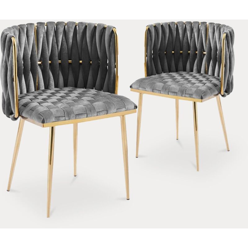 Mobilier Deco - trecy - Lot de 2 chaises en velours tressé gris et pieds dorés