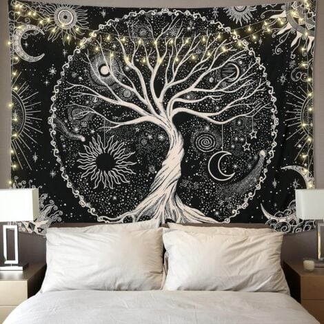Tree of Life Tapestry Moon and Black Sun Wall Hanging Psychedelic Tapestry Starry Mandala Hippie Wall Tapestry Wall Decor for Bedroom Dorm Party (148x200cm)
