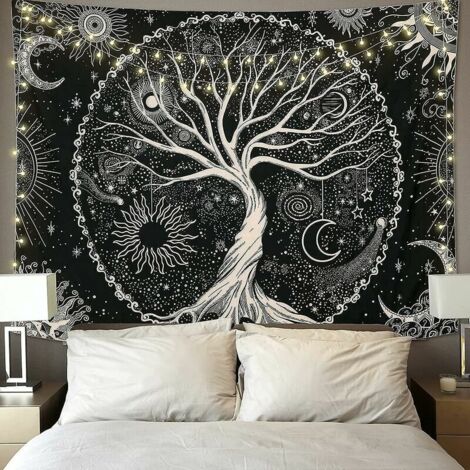Tree of Life Tapestry Moon and Sun Black Tapestry Wall Hanging Psychedelic Tapestry Star Mandala Tapestry Hippie Wall Art Decor Bedroom Decor