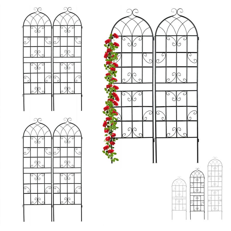 Treillis de jardin en lot de 6, métal, à planter, tuteur pour plantes grimpantes, 180 x 52 x 1,5 cm, noir