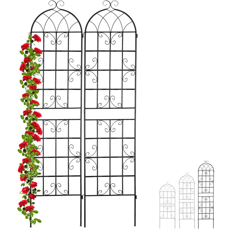 Treillis de jardin, métal, lot de 2, à planter, tuteur pour plantes grimpantes, 220 x 50 cm, noir - Relaxdays