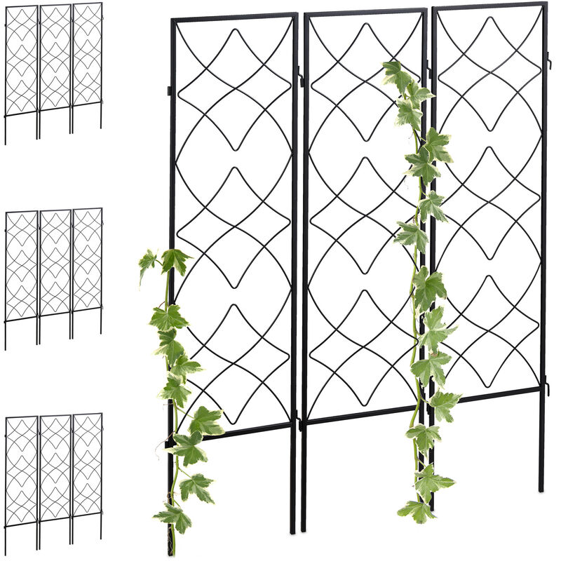 Relaxdays - Treillis de jardin, métal, lot de 12, à planter, support pour plantes grimpantes, 122x31 cm, jardin, noir
