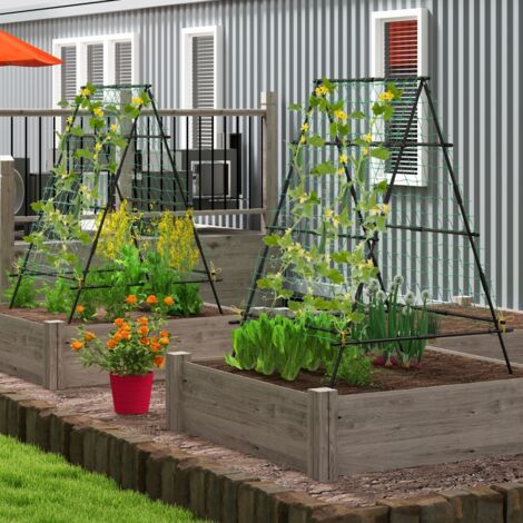 Treillis de Jardin Treillage en A Support de Plantes pour Bacs surélevés avec Filet de Grimpe Poteaux Métalliques Revêtus Noir