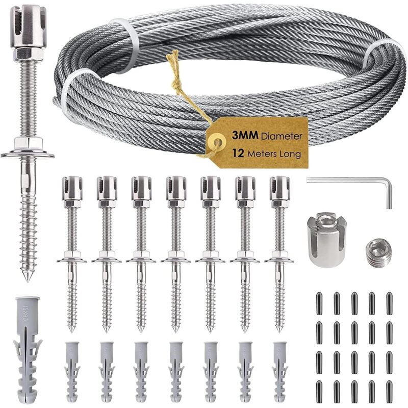 Treillis en acier inoxydable pour plantes grimpantes, système professionnel, complet avec supports muraux et câble en acier de 3 mm (8 supports,