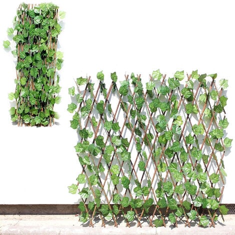 Treillis Jardin en Osier Extensible - Brise Vue avec Feuillage Artificiel : Lierre Feuilles de Vignes - 120 x 110 x 4 cm