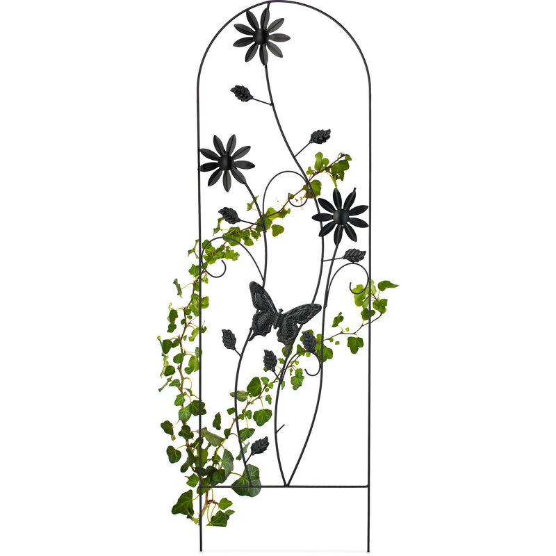 Treillis jardin, métal, tuteur pour plantes grimpantes design floral, arceau à planter, HxL : 120x40 cm, noir - Relaxdays