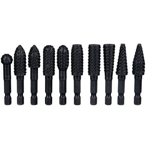 Treki 10-teiliges Rotationsraspel-Set für 6,35-mm-Fräser, Rotationsfräser mit Sechskantgriff aus Kohlenstoffstahl, Schnitzwerkzeug für Holzbearbeitung, Metallpolitur und Gravur, Schwarz