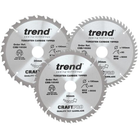 Trend Confezione tripla CraftPro di lame circolari TCT, 190 mm x 24, 40 e 60 denti x 30 mm di foro, con punta in carburo di tungsteno. CSB/190/3PK, Confezione da 3
