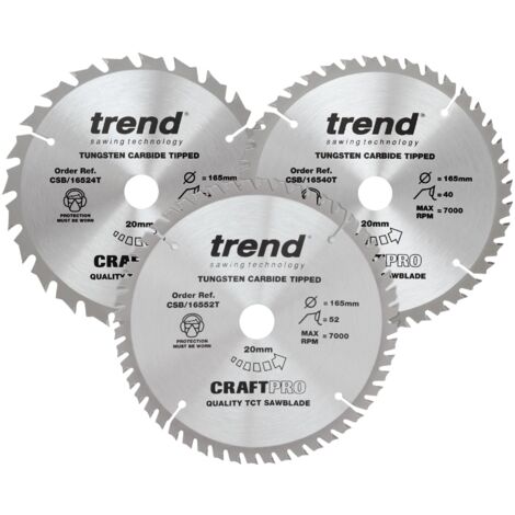 Trend Confezione tripla CraftPro di lame per sega TCT, ideali per seghe circolari Dewalt DC390, DWE007, DCS391 e DC391N, 165 mm x 24, 40 e 52 denti x 20 mm alesaggio. CSB/165/3PK/B, Confezione da 3