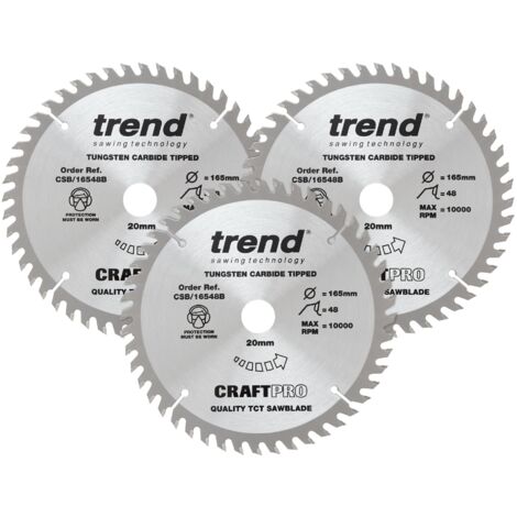 Trend Confezione tripla CraftPro di lame per sega TCT, ideali per seghe circolari Dewalt DWS520K e Makita SP6000, 165 mm x 48 denti x 20 mm alesaggio, punta in carburo di tungsteno. CSB/165/3PK/A, Con
