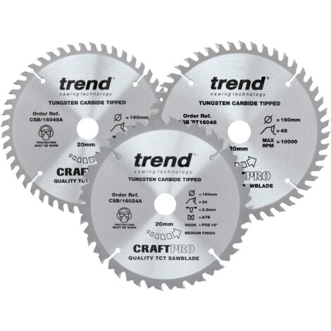 TREND Confezione tripla di lame circolari CraftPro TCT da 160 mm, contiene il CSB/16024A, il CSB/16048A, e il CSB/PT16048A, Punta in carburo di tungsteno, CSB/160/3PK/A, Confezione da 3
