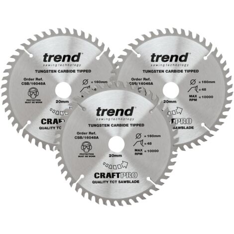 Trend Confezione tripla di lame circolari CraftPro TCT, diametro 160 mm x 48 denti x foro 20 mm, punta in carburo di tungsteno, CSB/160/3PK, Confezione da 3