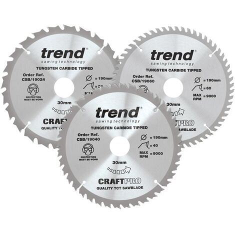 Trend CraftPro Saw Blade 190 x 30mm x 24T/40T/60T (Pack 3) TRECSB190P3