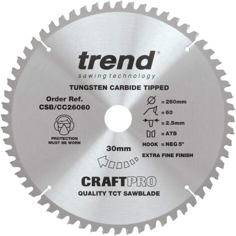 Trend Lama per sega circolare CraftPro TCT a uncino negativo, diametro 260 mm x 60 denti x foro 30 mm, punta in carburo di tungsteno, CSB/CC26060