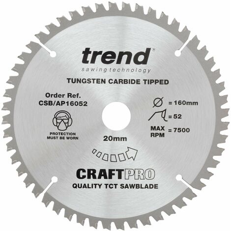 Trend Lama per sega circolare CraftPro TCT per piano di lavoro in alluminio e plastica, diametro 160 mm x 52 denti x foro 20 mm, punta in carburo di tungsteno, CSB/AP16052