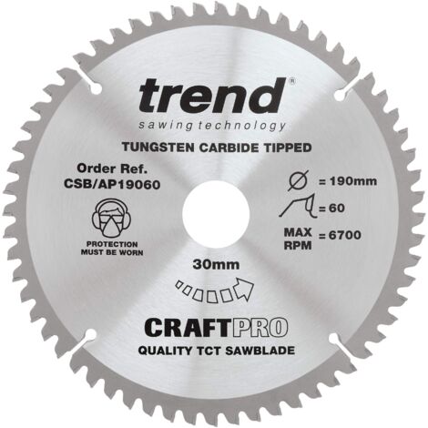 Trend Lama per sega circolare CraftPro TCT per piano di lavoro in alluminio e plastica, diametro 190 mm x 60 denti x foro 30 mm, punta in carburo di tungsteno, CSB/AP19060