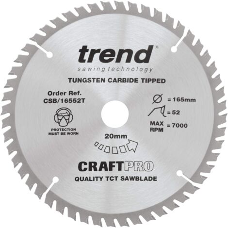 Trend Lama per sega CraftPro a taglio sottile per sega circolare, diametro 165 mm x 52 denti x foro 20 mm, punta in carburo di tungsteno, CSB/16552T