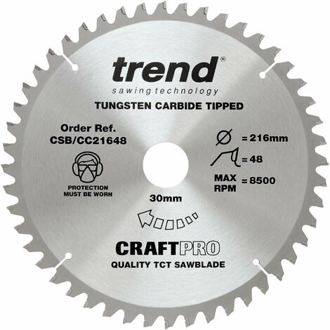 Trend Lama per sega CraftPro TCT a gancio negativo, diametro 216 mm x 48 denti x foro 30 mm, punta in carburo di tungsteno, CSB/CC21648