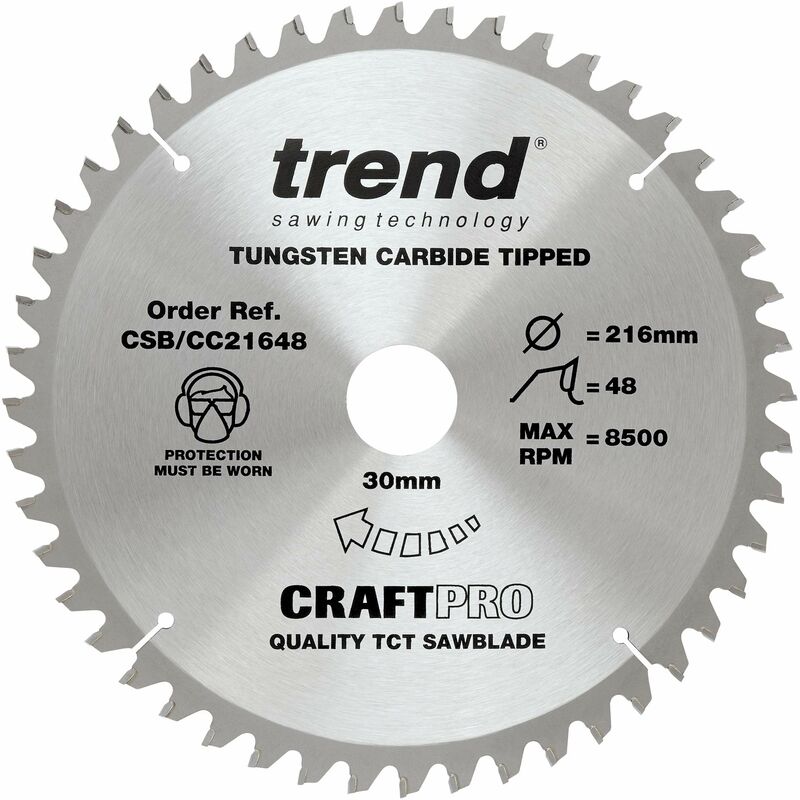 Lama per sega CraftPro tct a gancio negativo, diametro 216 mm x 48 denti x foro 30 mm, punta in carburo di tungsteno, CSB/CC21648 - Trend