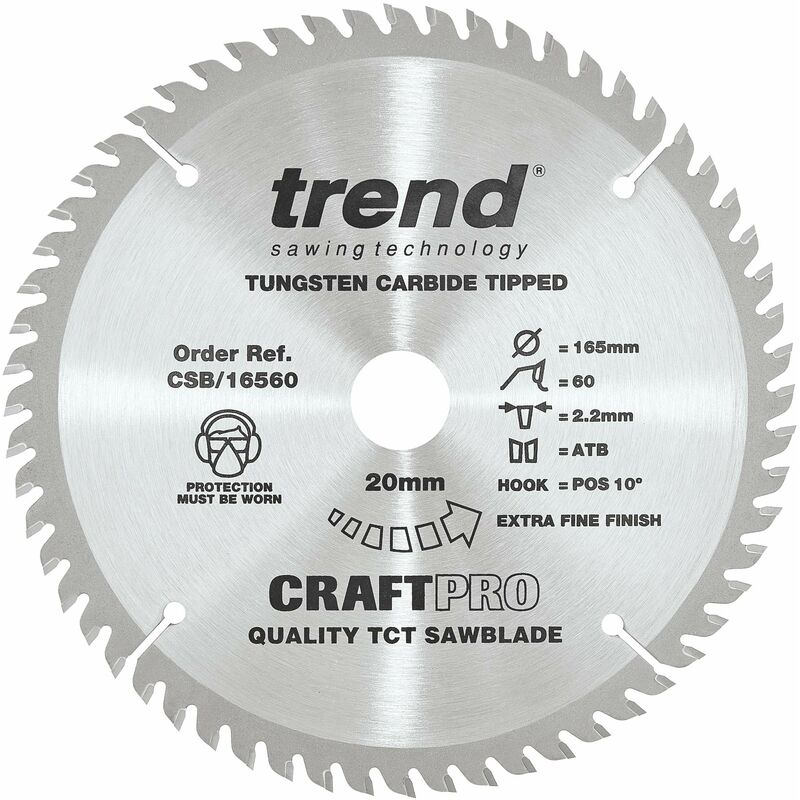 Image of TREND Lama per sega CraftPro TCT, diametro 165 mm x 20 mm alesaggio x 60 denti, punta in carburo di tungsteno,CSB/16560