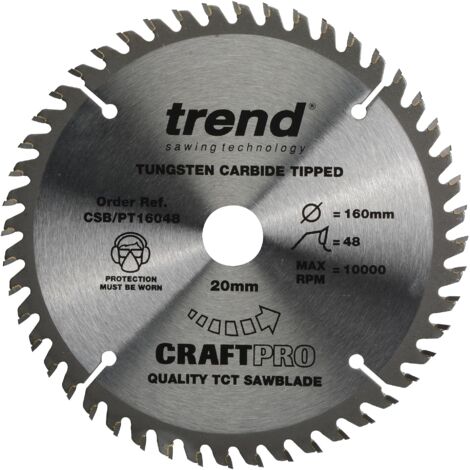 Trend Lama per sega CraftPro TCT, diametro 165 mm x 48 denti x 20 mm (kerf 2,0 mm), punta in carburo di tungsteno, CSB/PT16548