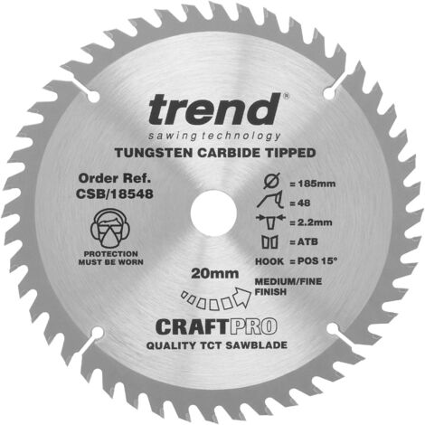 Trend Lama per sega CraftPro Trimming Crosscut TCT, 184 mm x 48 denti x 20 mm alesaggio, punta in carburo di tungsteno, CSB/18548