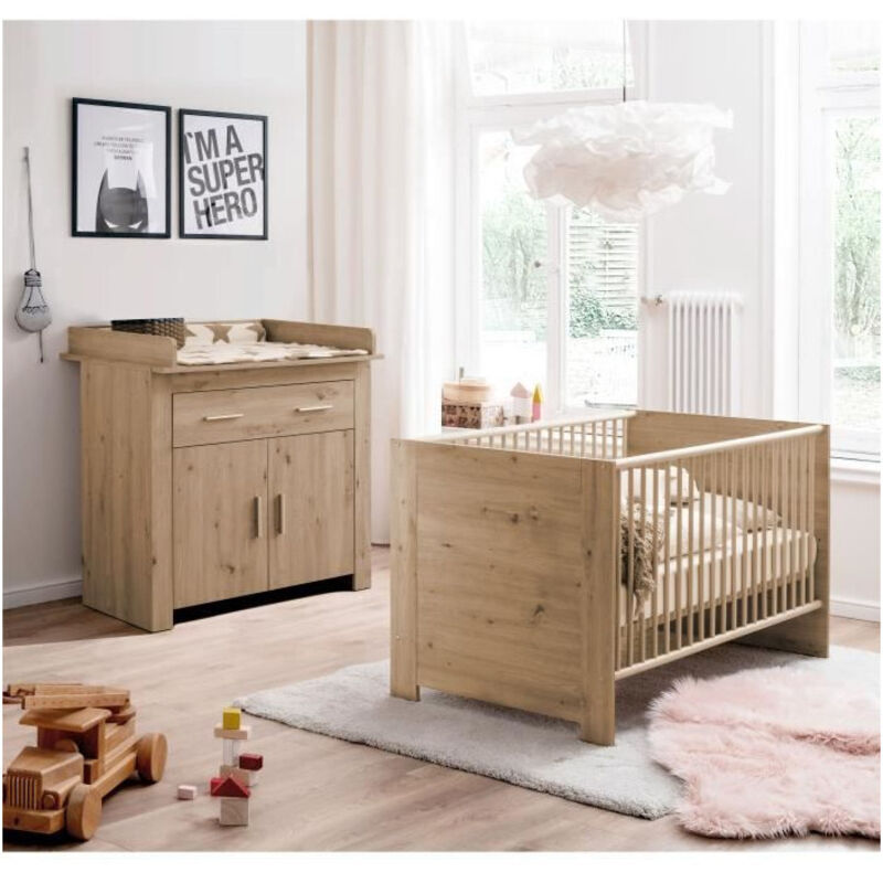 Les Tendances - Chambre bébé Duo : Lit 70 x 140 cm + Commode a langer ahoi - Chene - trend team