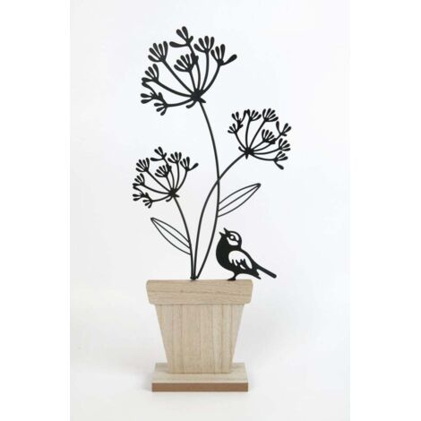 TrendLine Aufsteller Holz Blumen mit Vogel 45 x 6 x 21 cm weiß-schwarz Figuren