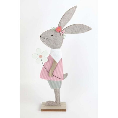 TrendLine Aufsteller Holz Hase mit Blume 49 x 7 x 25 cm grau-pink Skulptur