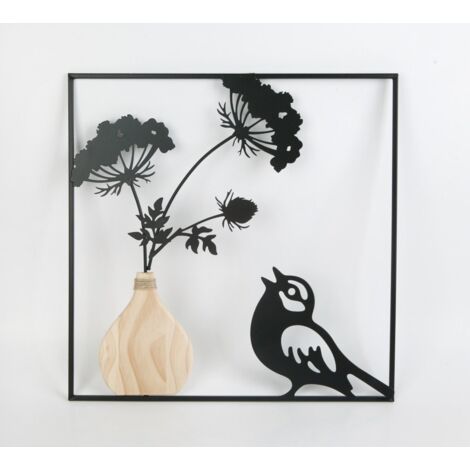 TrendLine Wandbild Metall Blumen mit Vogel 40 x 1 x 40 cm schwarz Figuren