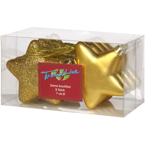 TrendLine Weihnachtskugeln Sterne bruchfest, langlebig 7 cm gold 8 Stück Christbaum- & Feiertagsschmuck