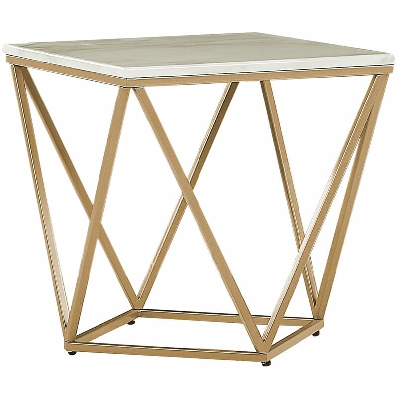 Beistelltisch Beige mdf Marmor Optik quadratisch 50x50 cm mit goldenem Metallgestell Modern Glamour Stil Sofatisch Wohnzimmer Salon Möbel