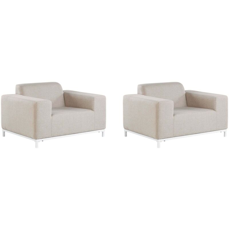 Beliani Sessel 2er Set Beige Stoff Polsterbezug Schnelltrocknend Aluminium Gestell Weiß Mit Armlehnen Indoor Outdoor Wohnung Garten Terrasse Balkon
