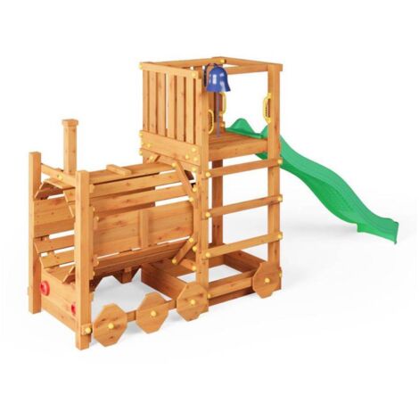 Trenino Parco giochi in legno Fungoo Loco con scivolo colore teak