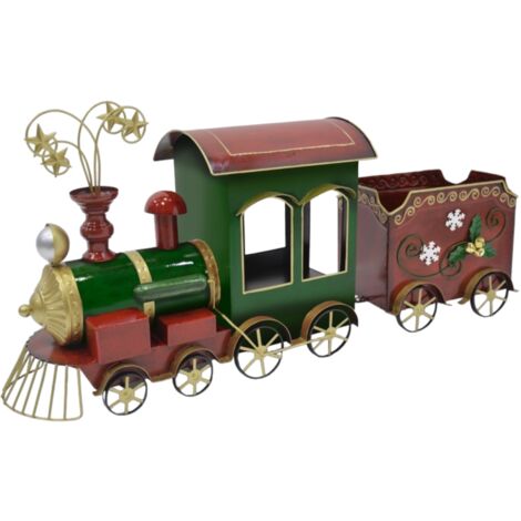 Trenino rosso oro e verde con vagone in metallo H39 cm per decorazioni natalizie