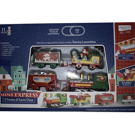 Trenino treno su rotaie movimento babbo Natale per sotto albero addobbi natalizi con locomotiva slitta vagone binari