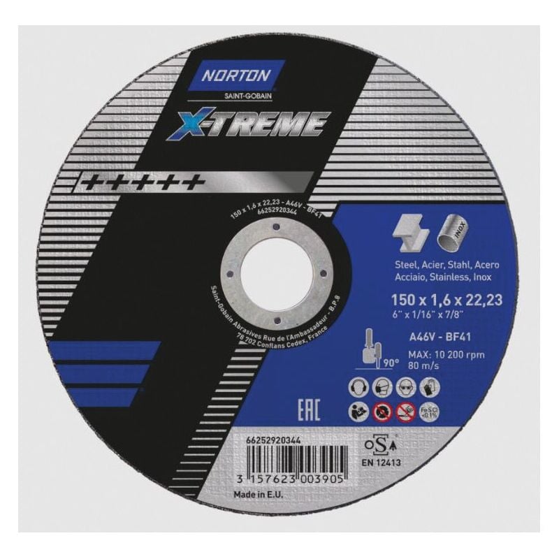 Saint Gobain 150x1.6x22.23mm Nor-Xtreme Cutting Disc A46V Type 41 - Norton