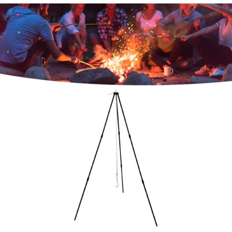 Trépied de Camping Pliable en Aluminium Noir avec Chaîne et Sac, Idéal pour Cuisiner en Plein Air