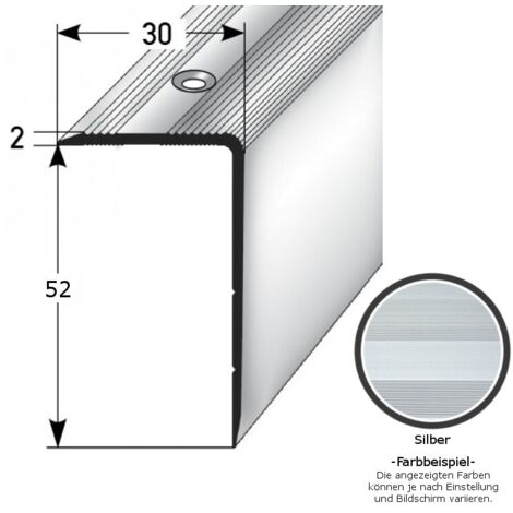 Treppenkante / Treppenprofil "Genua", Winkelprofil mit 30 mm Breite und konfigurierbarer Höhe (22 mm bis 52 mm), Aluminium eloxiert, gebohrt-silber-1000-52 mm