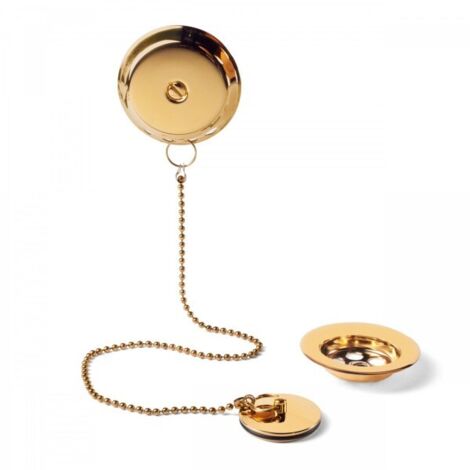 TRES 03474501OR COMPLEMENTOS DE GRIFERÍA Cazoleta Plana De Desagüe con Kit De Enganche De Cadenilla y Tapón para Bañera Oro 24K - ref: 03474501OR