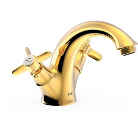 TRES 24210201OR TRES CLASIC Grifo Bimando para Lavabo Color Oro 24K - ref: 24210201OR