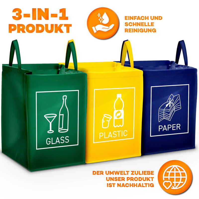 Tresko - 3er Set Recycling Müll Sortiertaschen Mülltrennsystem Abfalltrennsystem